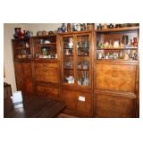 Lg. Burlwood shelving system incl. China cabinet, secretary, shelving and storage