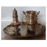 silver plate, spooner and sugar shaker