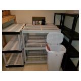 Storage Shelves and Garbage Can