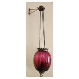 Victorian Cranberry Swirl Glass Hanging Oil Lamp