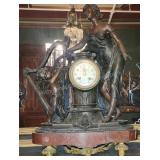 French Metal & Marble Porcelain Face Mantel Clock