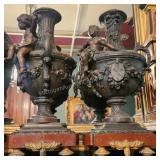 Pair of French Metal & Marble Cherub Candle Stands