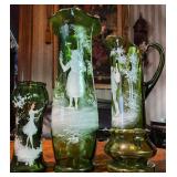 3 ct. Mary Gregory Green w/ Enamel Vases, etc