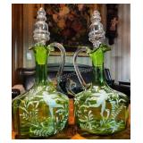 Pair of Mary Gregory Green & Enamel Decanters.