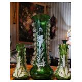 3 ct. Mary Gregory Hand Blown Vases. 12", 7"
