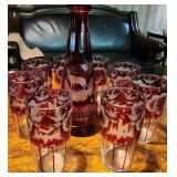 Red Bohemian Glass Tumblers & Elk Water Pitcher