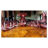Mary Gregory Pink Enamel Pitcher, 7 Glasses & Vase