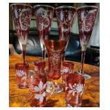 Bohemian Etched Ruby Champange Flutes & More