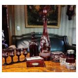 Group of Ruby Bohemian Glass w/ Enamel Box