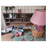 Rustic Wooden Display Shelf, Lamp, Cast Iron Coke