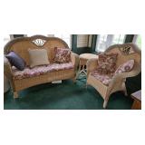 Wicker Love Seat, Side Chair & Table