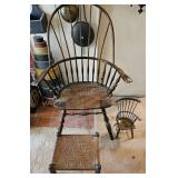 Antique Arm Chair w/ Rush Seat, Stool, & Miniature