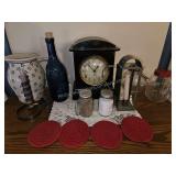 Seth Thomas Clock, Candles, Pitcher, Jars, etc.