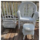3 ct. White Wicker Arm Chair, Stool, Magazine Rack