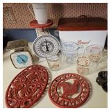 Kitchen!  Pyrex, Scales, Bread Box, Cast Iron