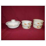 FOUR HALL AUTUMN LEAF CASSEROLE DISHES AND LIDDED