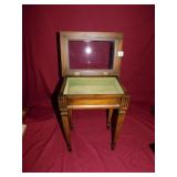 SMALL TABLE WITH GLASS LIFT TOP LID VELVET LINED