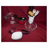 KITCHEN UTENSILS, GLASS BOWL, SMALL POT WITH LID,
