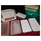 6 SMALLER PLASTICS TUBS, ONE BIGGER GREEN TUB,