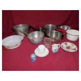 FIRE-KING DISH, VARIOUS POTS, TEACUPS, ETC
