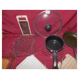 ASSORTED POTS AND PANS, CUTTER, TONGS, ETC.
