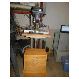 DELTA DRILL PRESS WITH HANDMADE CABINET AT BASE