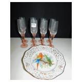 8 CHAMPAGNE GLASSES WITH PINK BASE & BAVARIA BIRD