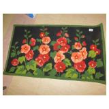 NEW AREA HOOKED RUG, BLACK WITH FLORAL DESIGN,