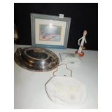 SILVER PLATE COVERED DIVIDED DISH, FIGURINE OF