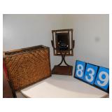 LEATHER WASTE CAN, RATHAN DRESSER MIRROR/WASTE