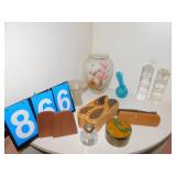 WOOD PUZZLE, CANDLE HOLDER, VASE ETC.