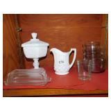 MILK GLASS VASE AND COVERED BUTTER DISH, AND