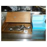 SMALL WOODEN BOX WITH SPOONS, RETRO RECIPE BOX