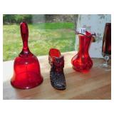 RUBY AND AMBERINA GLASS WITH SHOE, VASE, BELL ETC