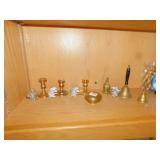 BRASS COVERED BOX, BALDWIN CANDLE STICKS AND