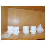 FOUR MILKGLASS TOOTHPICK HOLDERS, NESTING HEN