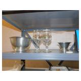 PEWTER PEDESTAL BOWLS, FOUR HOLLY GLASSES