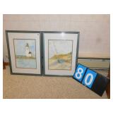 TWO WATERCOLOR FRAMED ONE LIGHTHOUSE AND SAIL