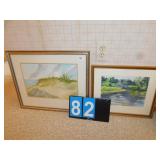 TWO WATEROLORS FRAMED BEACH SCENE, LAKE SCENE