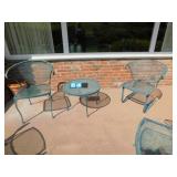 WROUGHT IRON 5 CHAIRS AND TWO SIDE TABLES