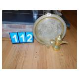 BRASS TRAY 15" IN DIAMETER, TEAPOT AND KEY