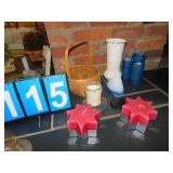 BASKET, CANDLES, VASE, ASSORTED CANDLES