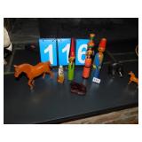 FOUR HAND PAINTED WOOD FIGURES, WOOD HORSE, WOOD
