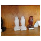 GROUP OF GLASS OWLS THREE CROWN TUSCAN, AMBER IS
