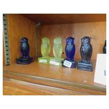 GROUP OF DEGENHART OWLS 2 VASELINE 2 COBALT AND