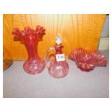 CRANBERRY RUFFLED EDGE VASE, CRUET AND COINSPOT