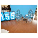 TWO GLASS HORSE BOOKENDS 8" H, DIE CAST HORSE