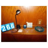 ASHTRAYS, PLASTIC PYRAMID PICTURE FRAMES,DESK
