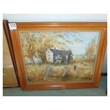 OIL ON CANVAS BOARD HOUSE WITH DOG AND HUNTER