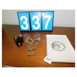 RESIN ELEPHANT AND COIN TRAY, 3 BELT BUCKLES